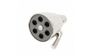 Round brass shower head with six spray ports and adjustable angle bracket.