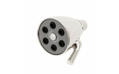 Round brass shower head with six spray ports and adjustable angle bracket.