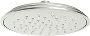 Polished nickel rainfall shower head with large circular faceplate and multiple spray outlets.