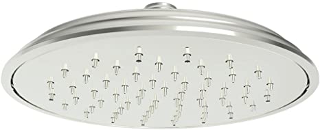 Polished nickel rainfall shower head with large circular faceplate and multiple spray outlets.
