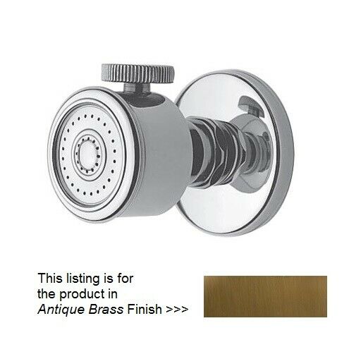 Chrome shower body spray with circular face plate, volume control knob on top, and wall mounting hardware visible.