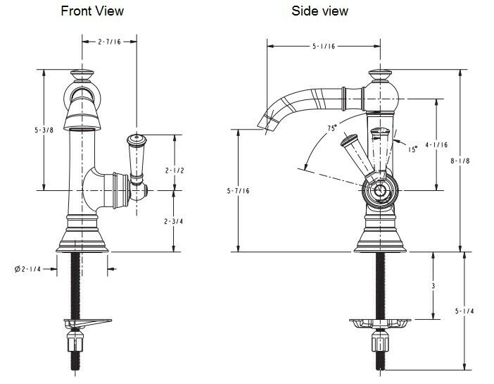 Satin brass single-hole bathroom faucet with curved spout and bell-shaped handle shown in front and side technical drawings.