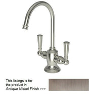 Brushed nickel two-handle hot and cold water dispenser with curved spout and tapered handles.