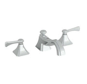 Polished nickel widespread bathroom faucet with two handles and curved spout, three-piece configuration.
