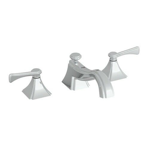 Polished nickel widespread bathroom faucet with two handles and curved spout, three-piece configuration.