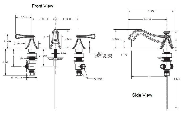 Polished nickel widespread bathroom faucet with three handles, curved spout, and detailed dimension measurements shown in fro