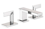 Polished nickel widespread lavatory faucet with rectangular handles and square base plates shown in three-piece configuration