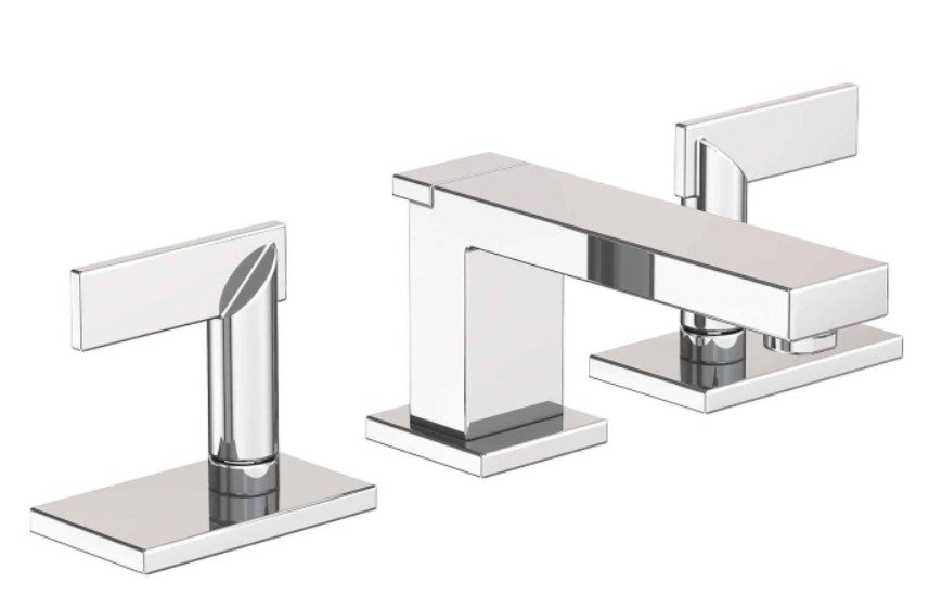 Polished nickel widespread lavatory faucet with rectangular handles and square base plates shown in three-piece configuration