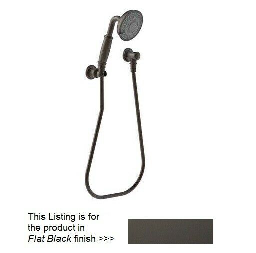 Flat black handheld shower head with curved handle, flexible hose, and wall-mounted elbow bracket.