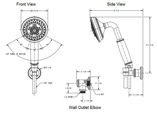 Newport Brass flat black handheld shower head with hose, elbow, and wall outlet shown in front, side, and detail views.