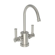 Satin nickel two-handle hot and cold water dispenser faucet with curved spout and cylindrical handles.
