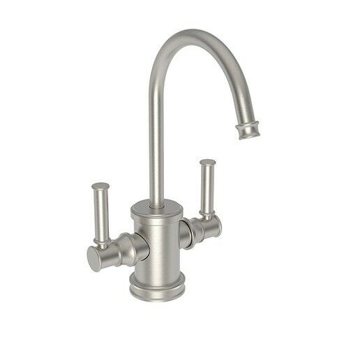 Satin nickel two-handle hot and cold water dispenser faucet with curved spout and cylindrical handles.