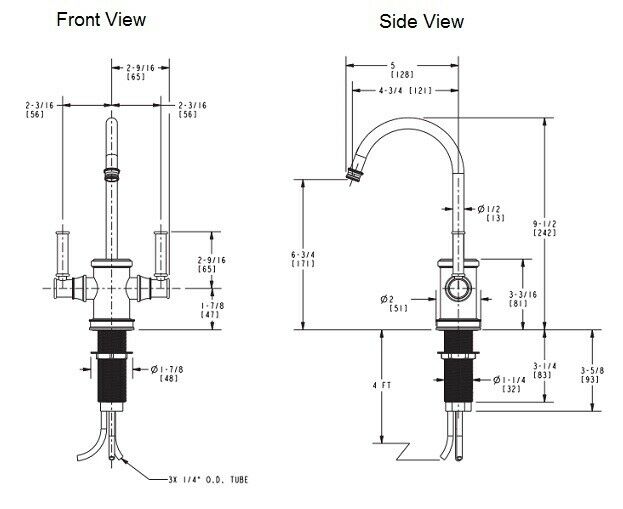 Technical specification drawings showing front and side views of a satin brass hot and cold water dispenser with curved spout