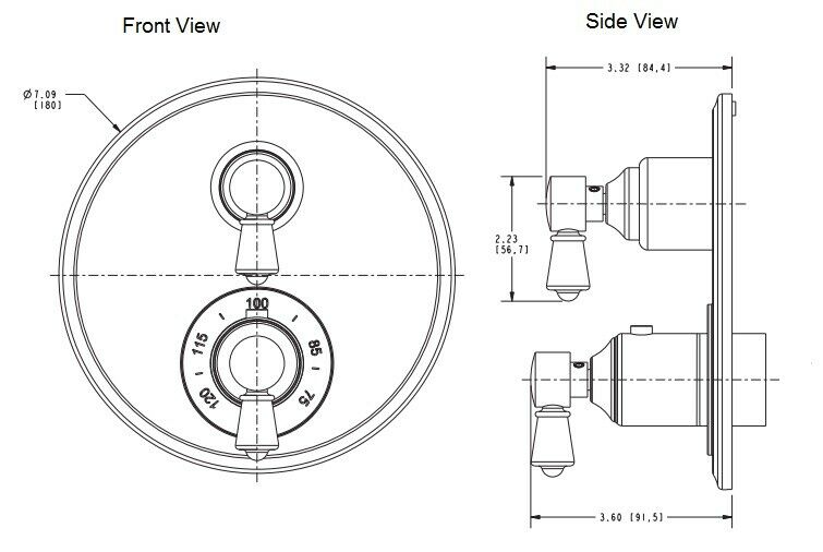 Satin bronze circular shower valve trim with dual control handles and temperature dial, shown in front and side technical vie