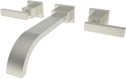 Satin nickel wall-mount lavatory faucet with curved spout and lever handles.