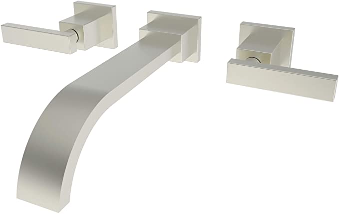 Satin nickel wall-mount lavatory faucet with curved spout and lever handles.