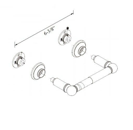 Double post toilet tissue holder with two cylindrical bars and four circular mounting flanges, shown in isometric technical d