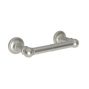 Brushed nickel double post toilet tissue holder with circular wall mounts and cylindrical bar.