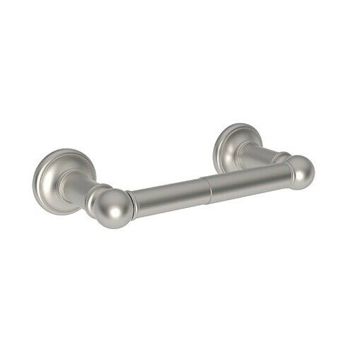Brushed nickel double post toilet tissue holder with circular wall mounts and cylindrical bar.