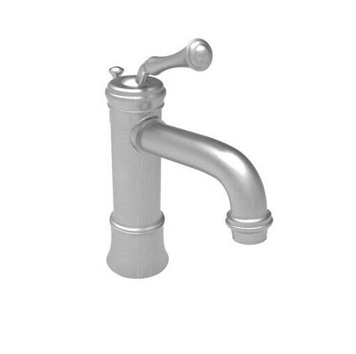 Polished nickel single-hole bathroom faucet with tall cylindrical body, curved spout, and lever handle.
