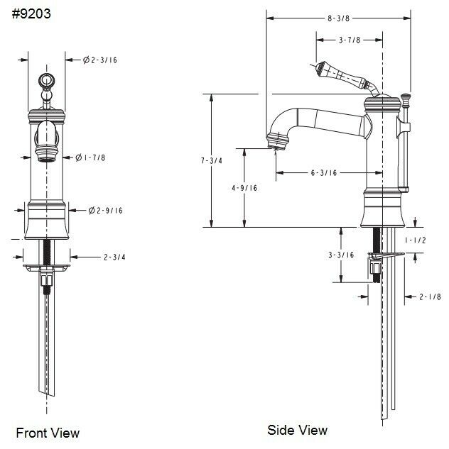 Technical drawing of Newport Brass single-hole bathroom faucet showing front and side views with dimensions and component spe
