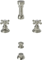 Polished nickel bidet set with vertical spray spout, two cross-handle valves, and two cap pieces.