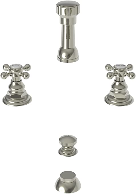 Polished nickel bidet set with vertical spray spout, two cross-handle valves, and two cap pieces.