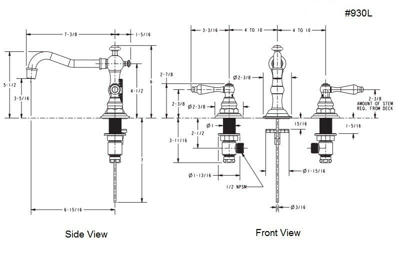 Technical specification drawing of widespread lavatory faucet showing side and front views with dimensions and component deta