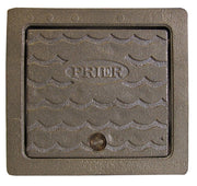 Brass wall-mounted hydrant box with textured surface and central access knob, branded "PRIER."