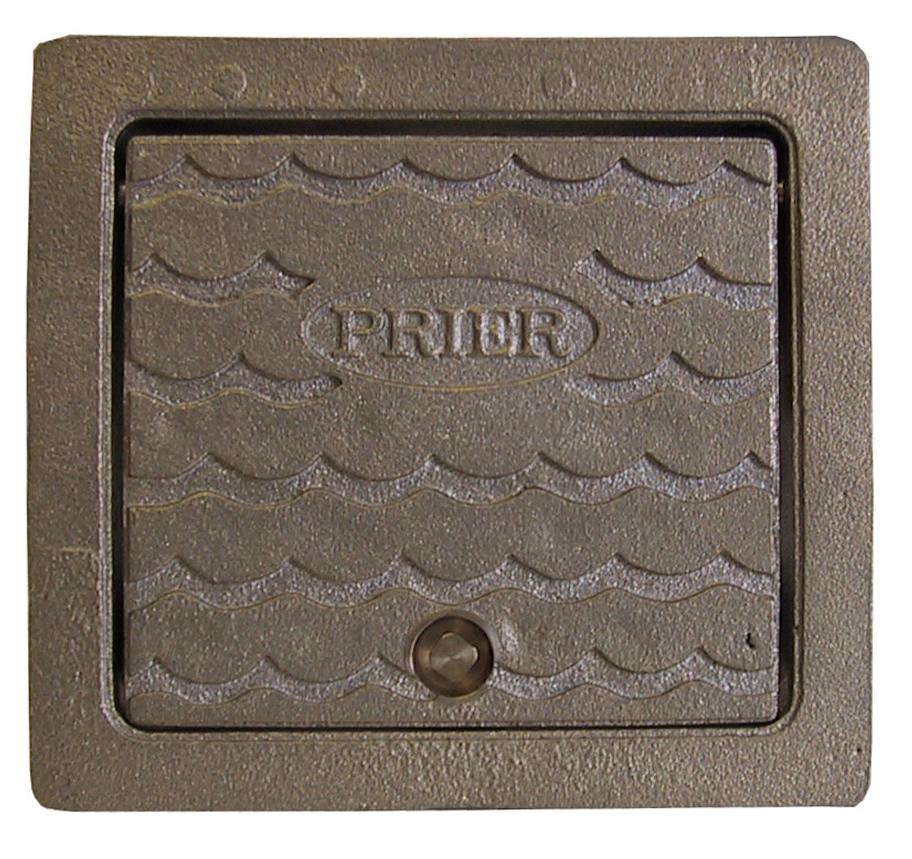 Brass wall-mounted hydrant box with textured surface and central access knob, branded "PRIER."