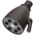 Oil rubbed bronze single function showerhead with round face and adjustable spray pattern control.