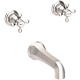 Satin nickel wall-mounted tub faucet with dual handles and curved spout.