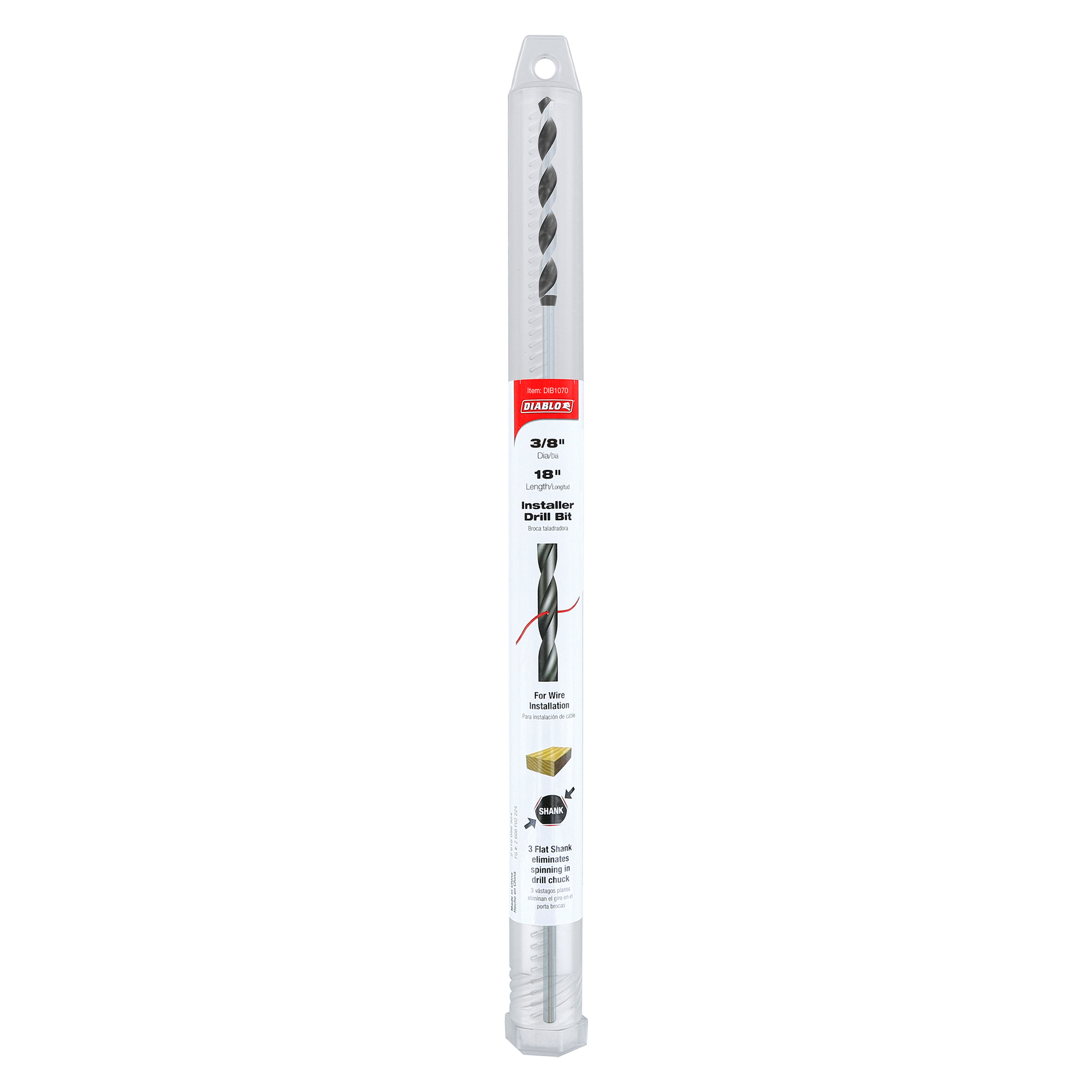 Long gray drill bit with spiral flutes, sized 3/8 inch by 18 inches, in clear plastic packaging labeled Diablo installer bit.