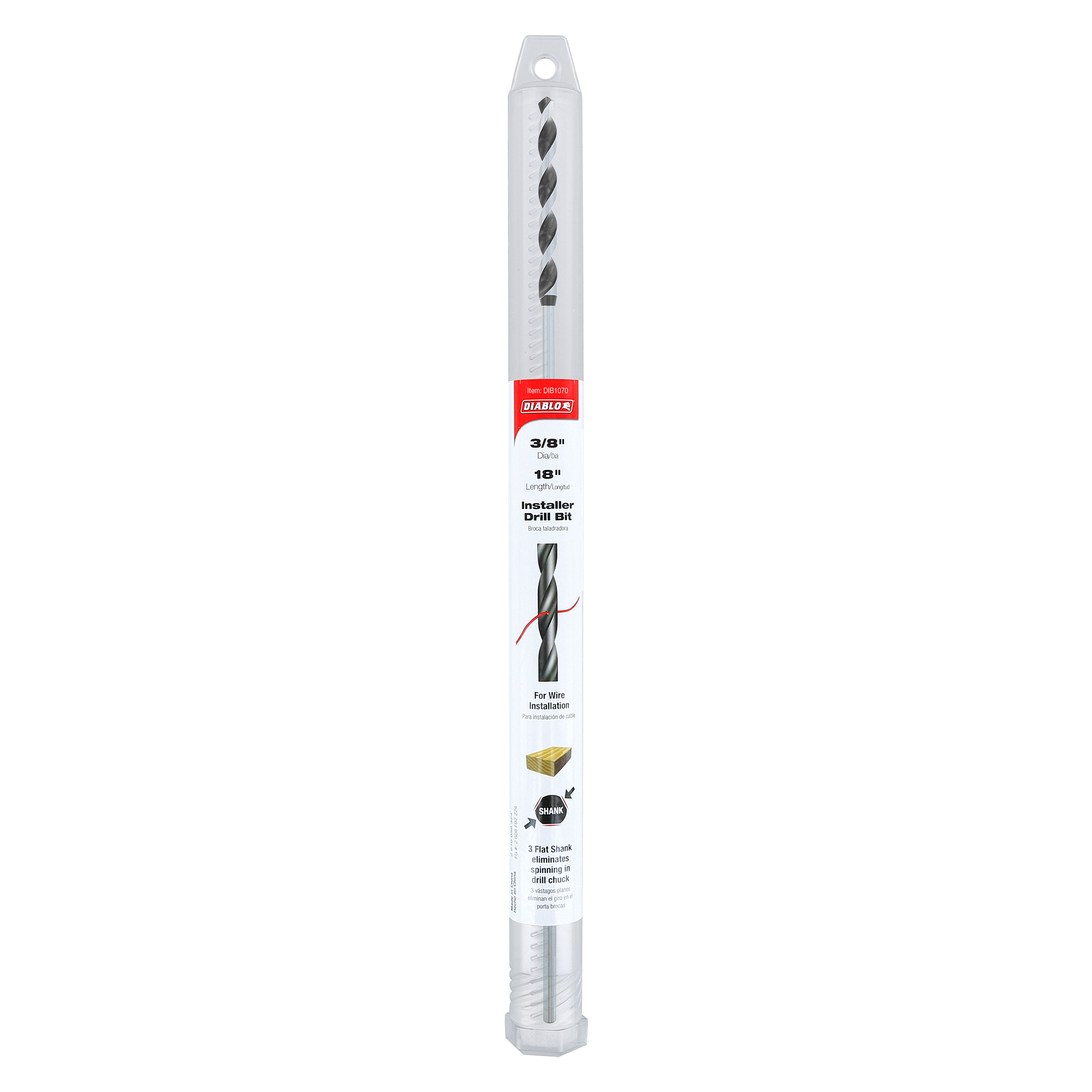 Long gray drill bit with spiral flutes, sized 3/8 inch by 18 inches, in clear plastic packaging labeled Diablo installer bit.