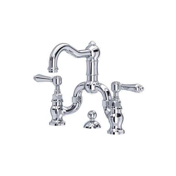 Polished chrome bridge bathroom faucet with curved spout, two lever handles, and cylindrical base posts.