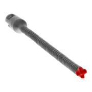 SDS-Plus hammer drill bit with gray fluted shaft, gray cylindrical shank connector, and red 4-cutter carbide head.