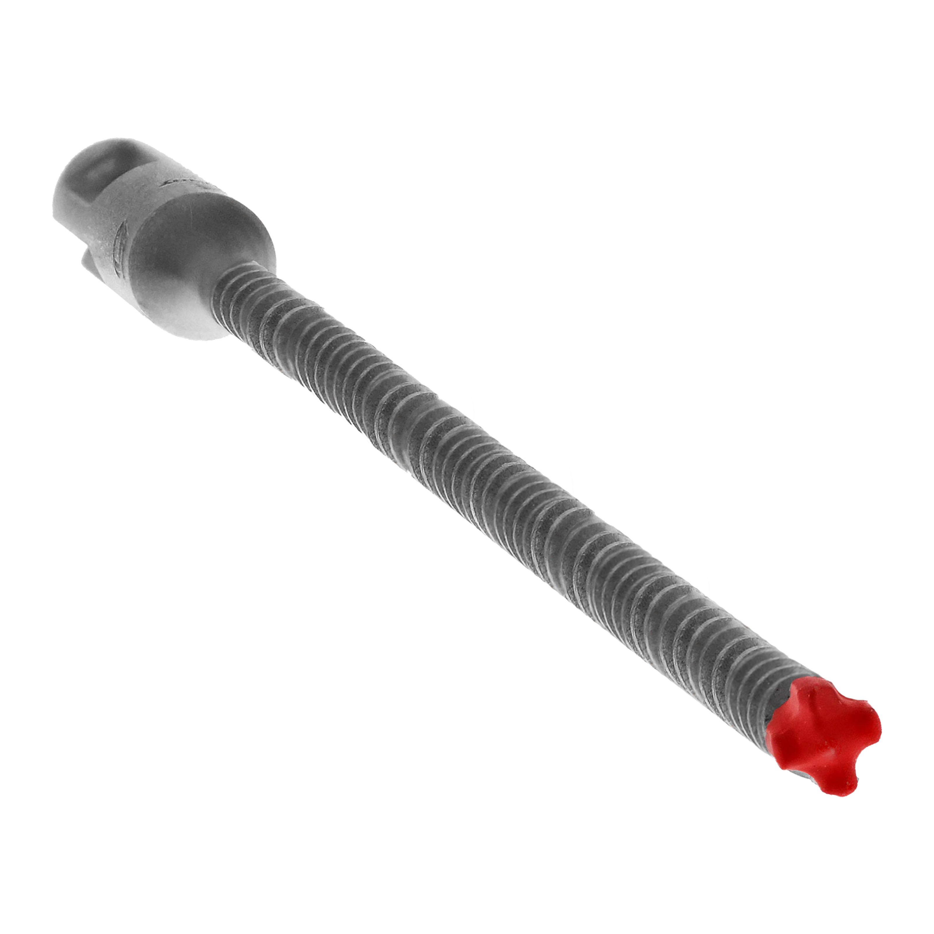 SDS-Plus hammer drill bit with gray ribbed shaft and red 4-cutter carbide head for concrete and rebar drilling.