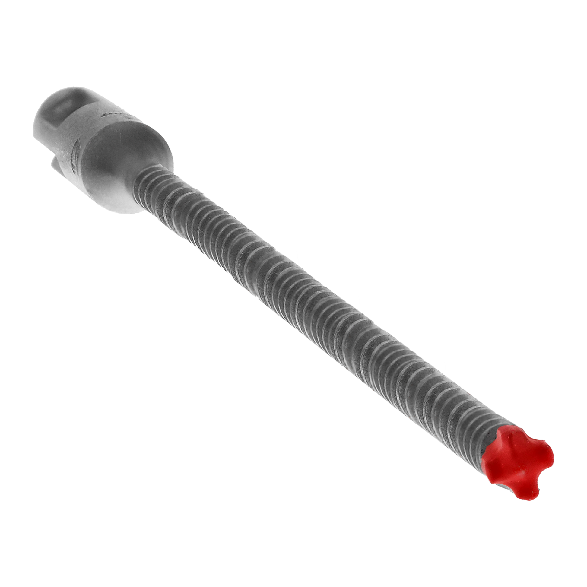 Gray SDS-Plus hammer drill bit with ribbed shaft, gray cylindrical head, and red 4-cutter carbide tip.