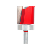 Router bit with red cutting head, silver metal bearing collar, and cylindrical steel shank.
