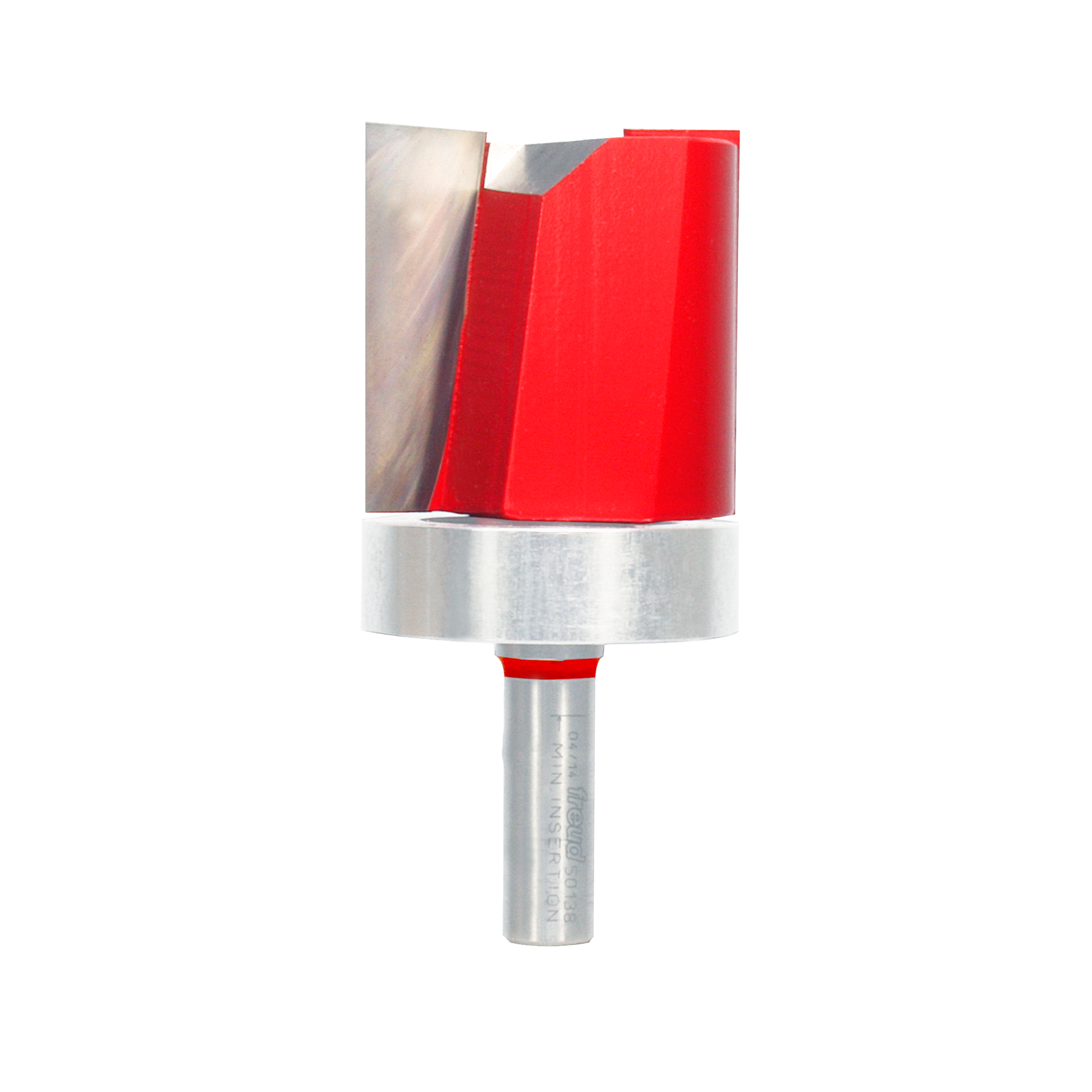 Router bit with red cutting head, silver metal bearing collar, and cylindrical steel shank.