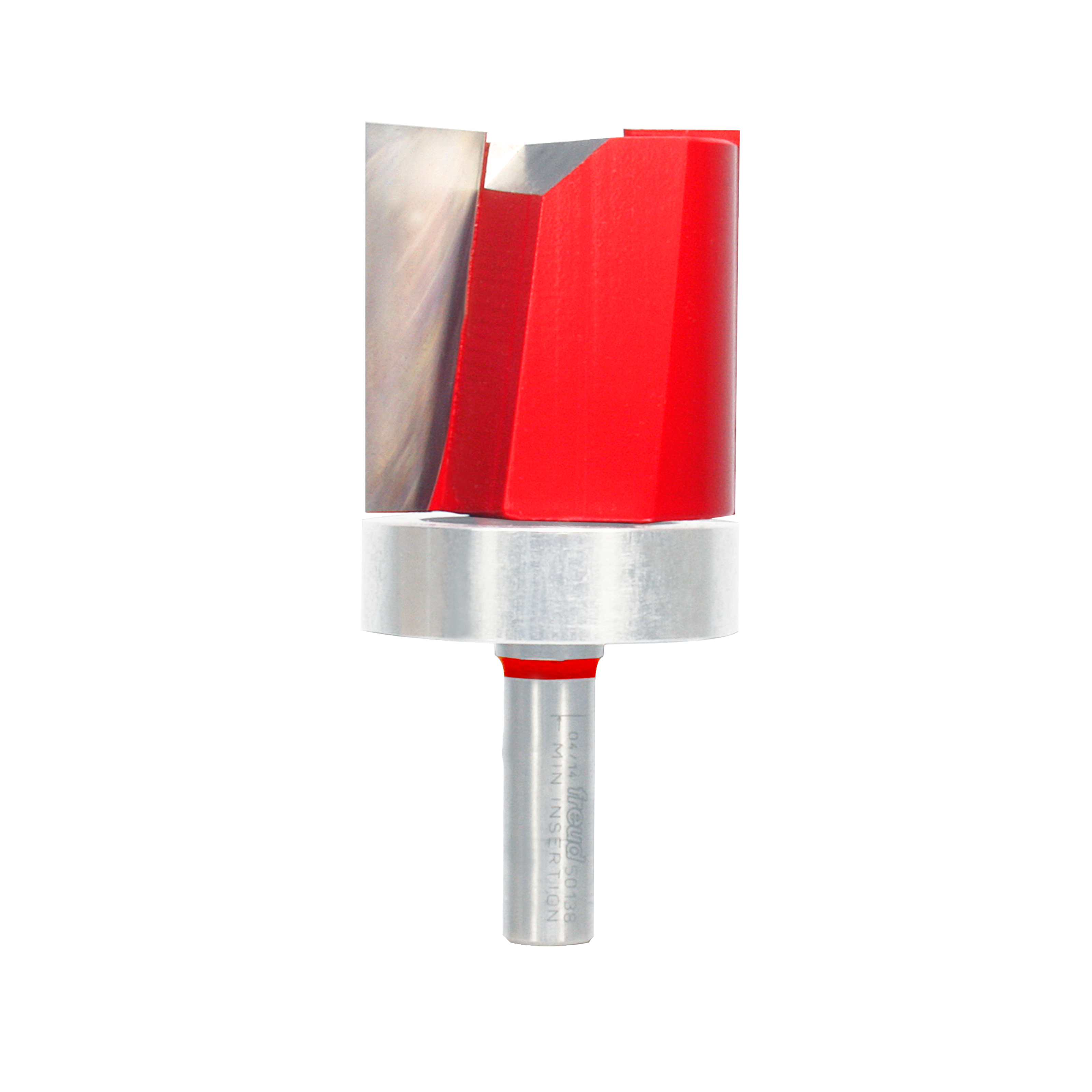 Router bit with red cutting head, silver metal bearing collar, and cylindrical steel shank.
