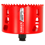 Red cylindrical holesaw with carbide-tipped teeth, Diablo branding, and black shank attachment for wood and metal cutting.