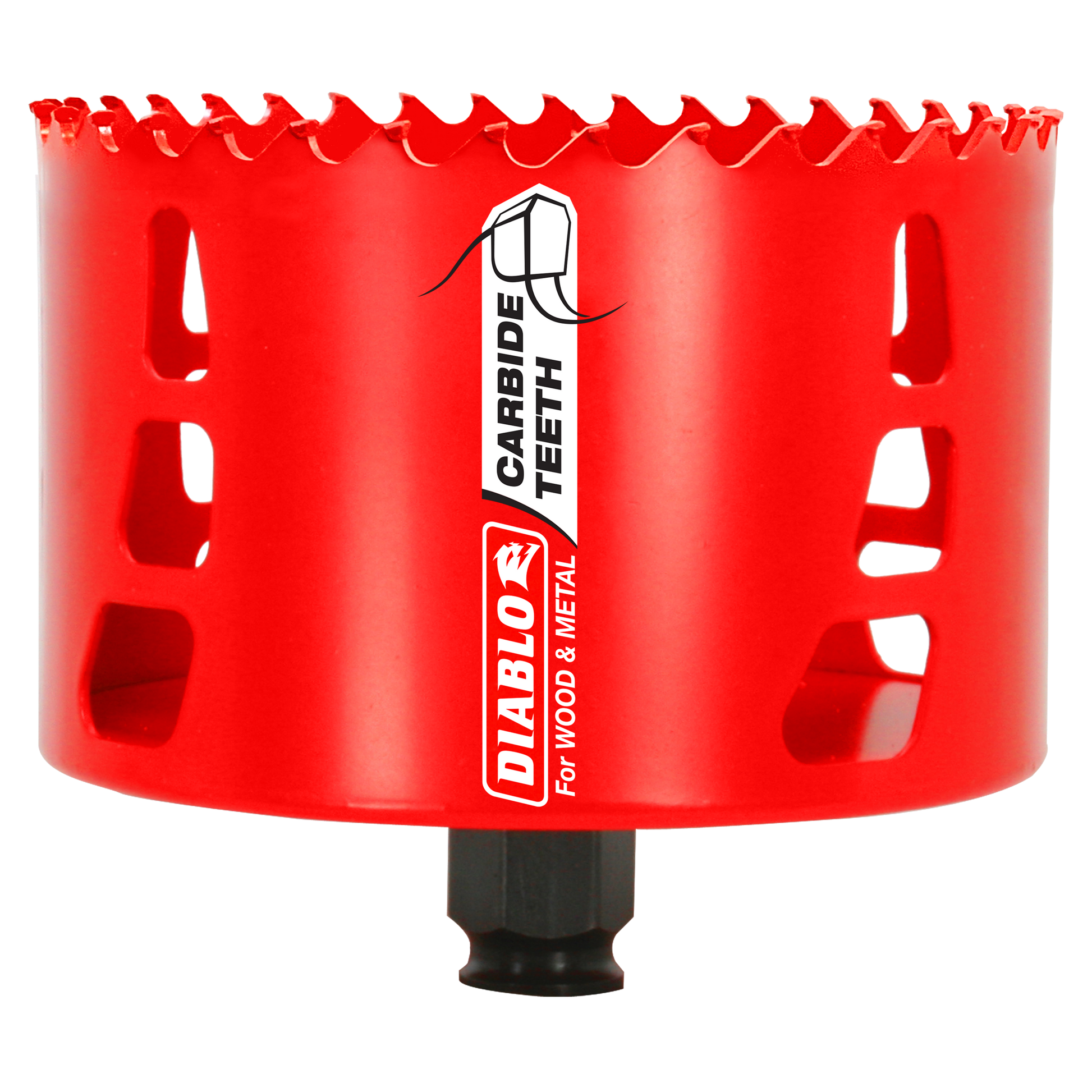 Red cylindrical holesaw with carbide-tipped teeth, Diablo branding, and black shank attachment for wood and metal cutting.