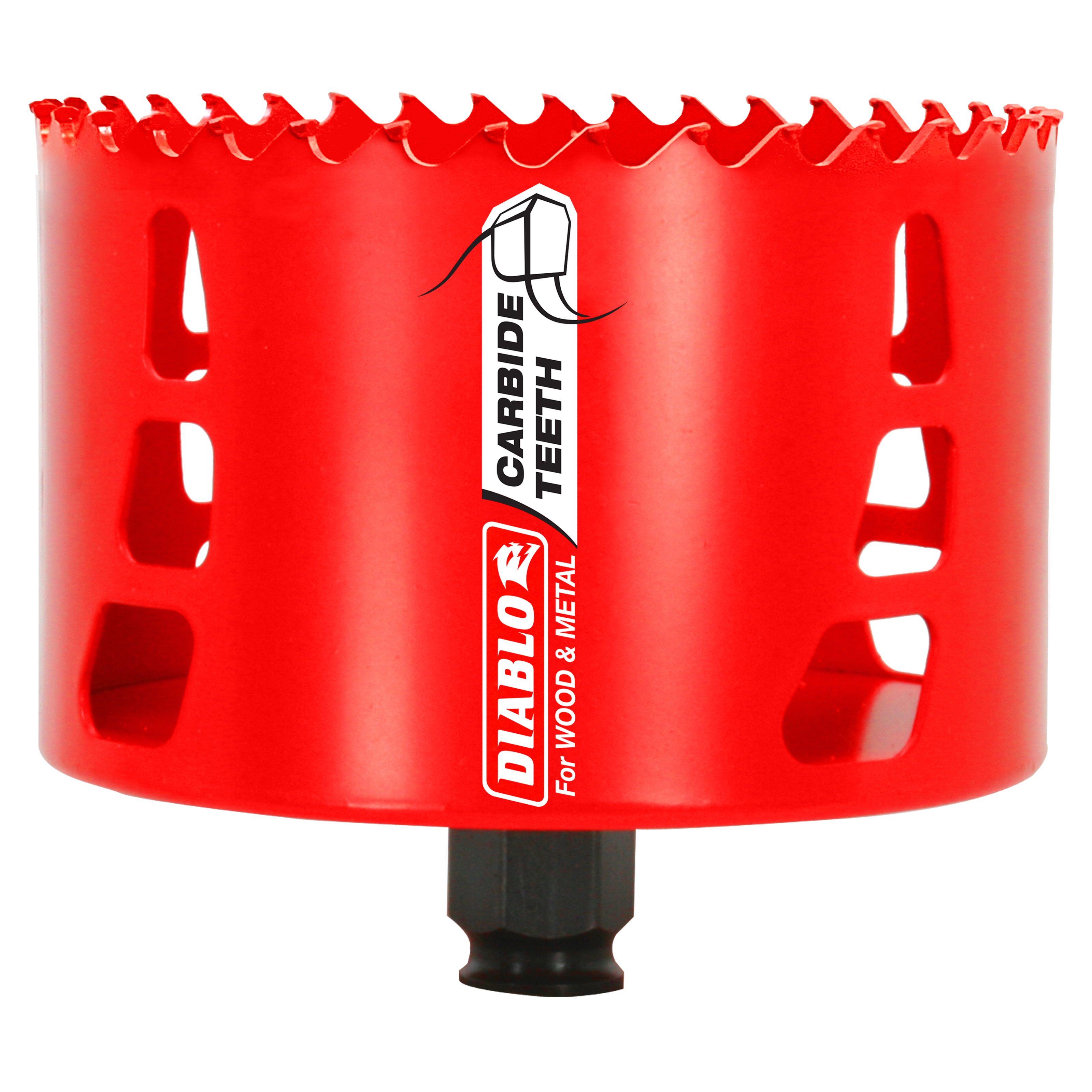 Red cylindrical holesaw with carbide-tipped teeth, Diablo branding, and black shank attachment for wood and metal cutting.