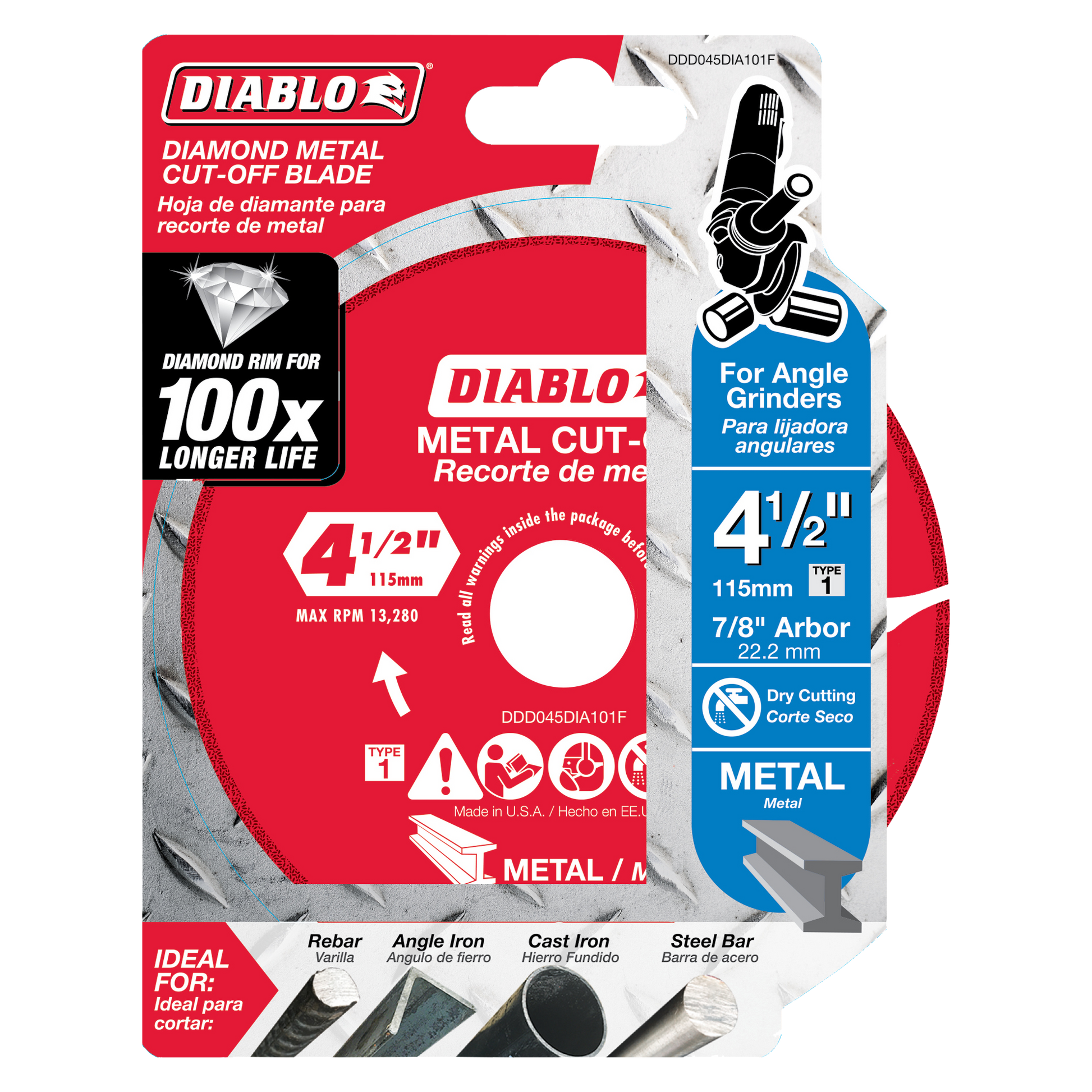 Diablo 4-1/2 inch diamond metal cut-off blade with 7/8 inch arbor in retail packaging showing specifications and material com
