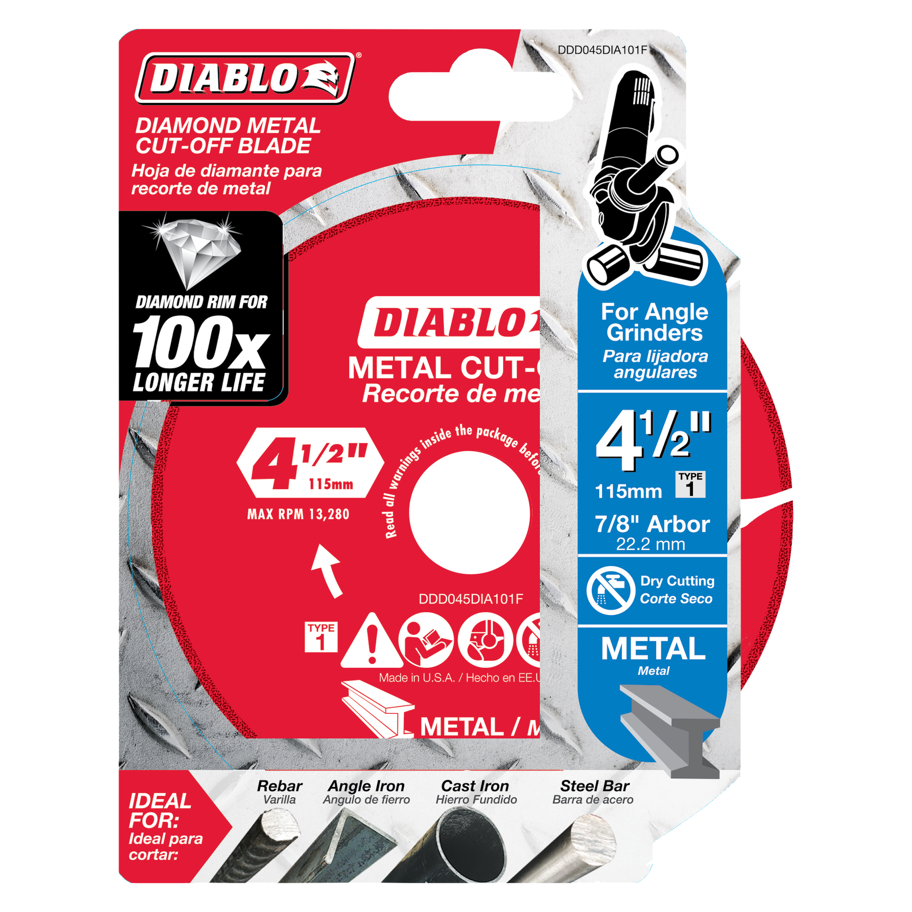 Diablo 4-1/2 inch diamond metal cut-off blade with 7/8 inch arbor in retail packaging showing specifications and material com