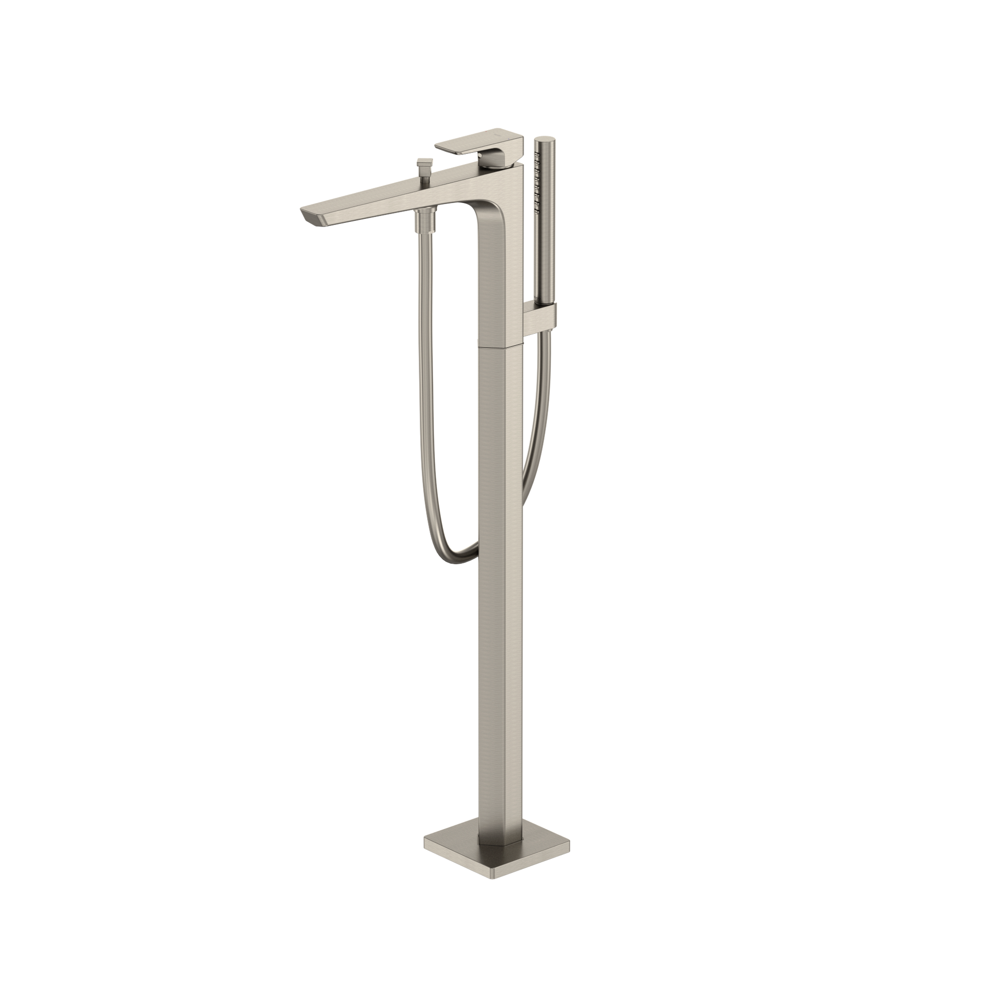 Brushed nickel freestanding tub filler with single handle and detachable handshower on hose.