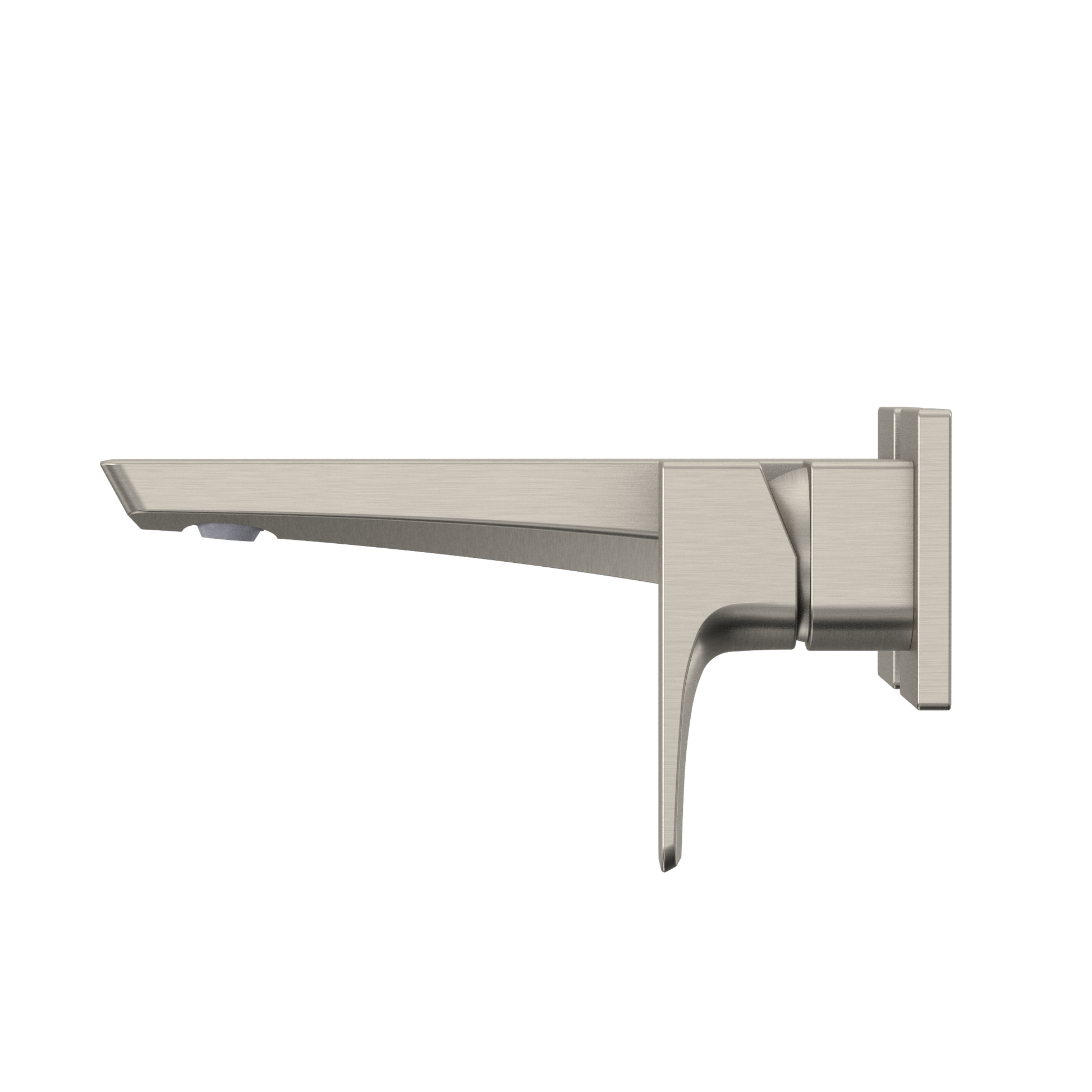 Brushed nickel wall-mount bathroom faucet with single handle lever and rectangular spout.