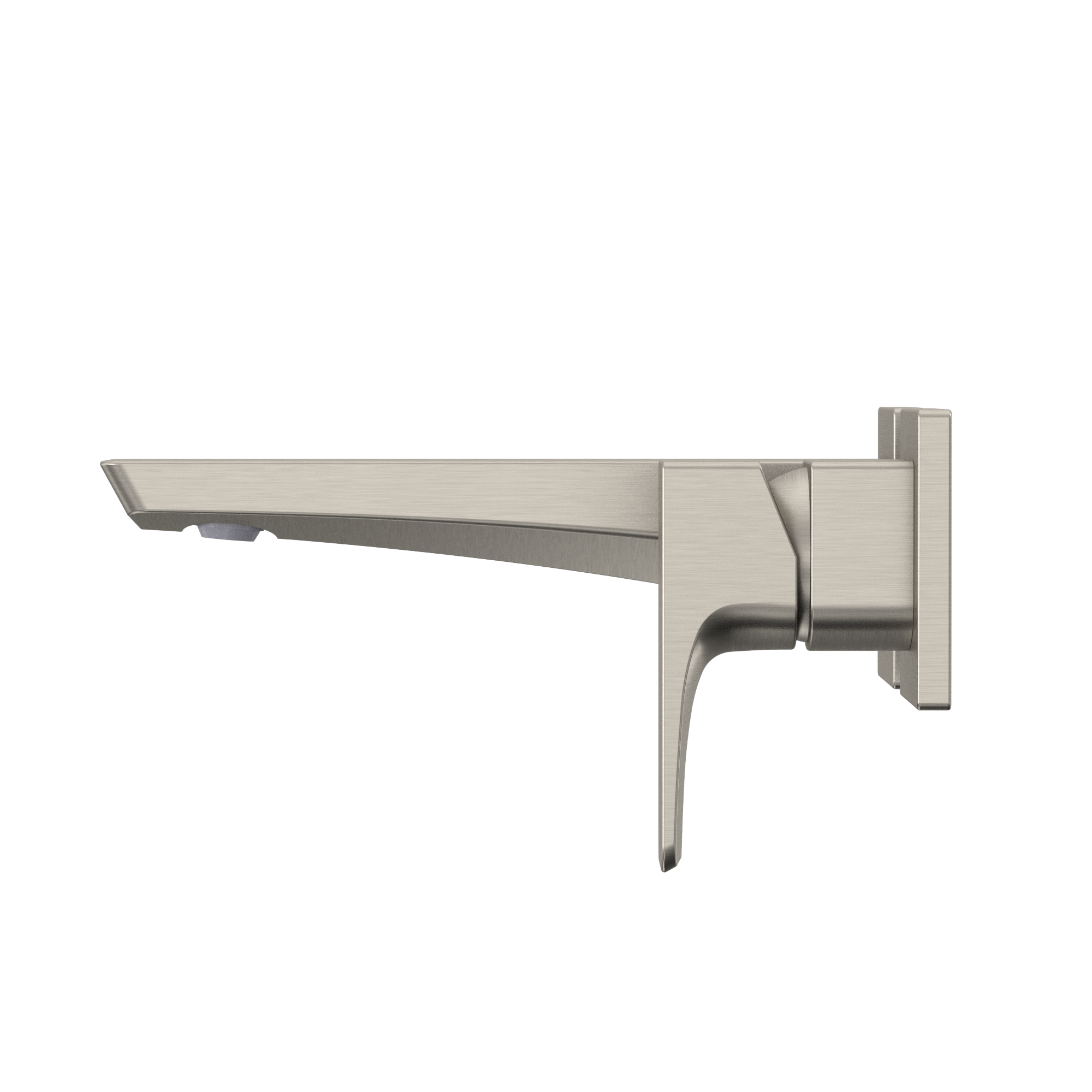 Brushed nickel wall-mount bathroom faucet with single handle lever and rectangular spout.