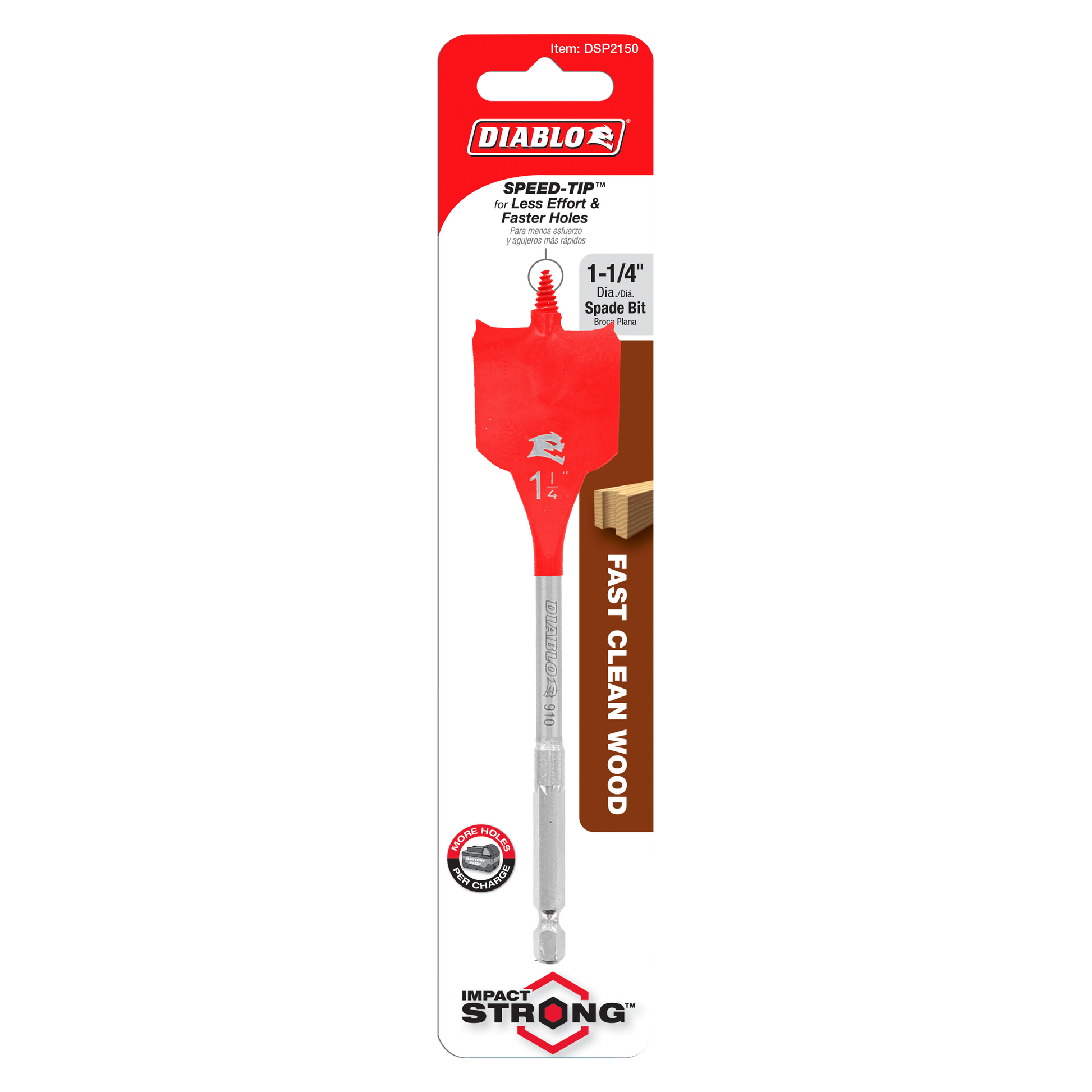 Diablo 1-1/4 inch spade bit with red head and gray shaft in packaging labeled Speed-Tip and Fast Clean Wood.